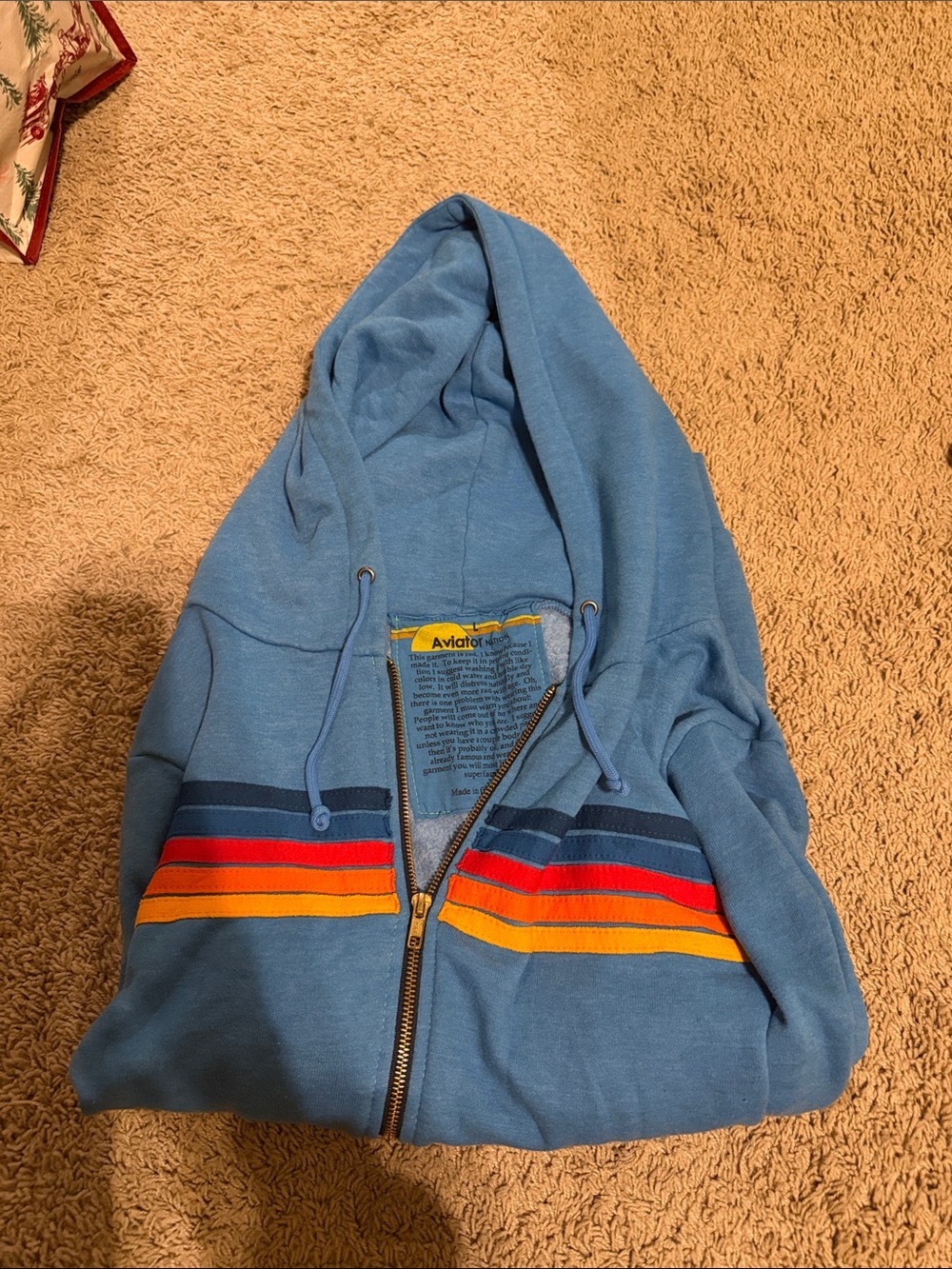 Aviator Nation Light Blue Zip Hoodie with Navy, Red & Yellow Stripes